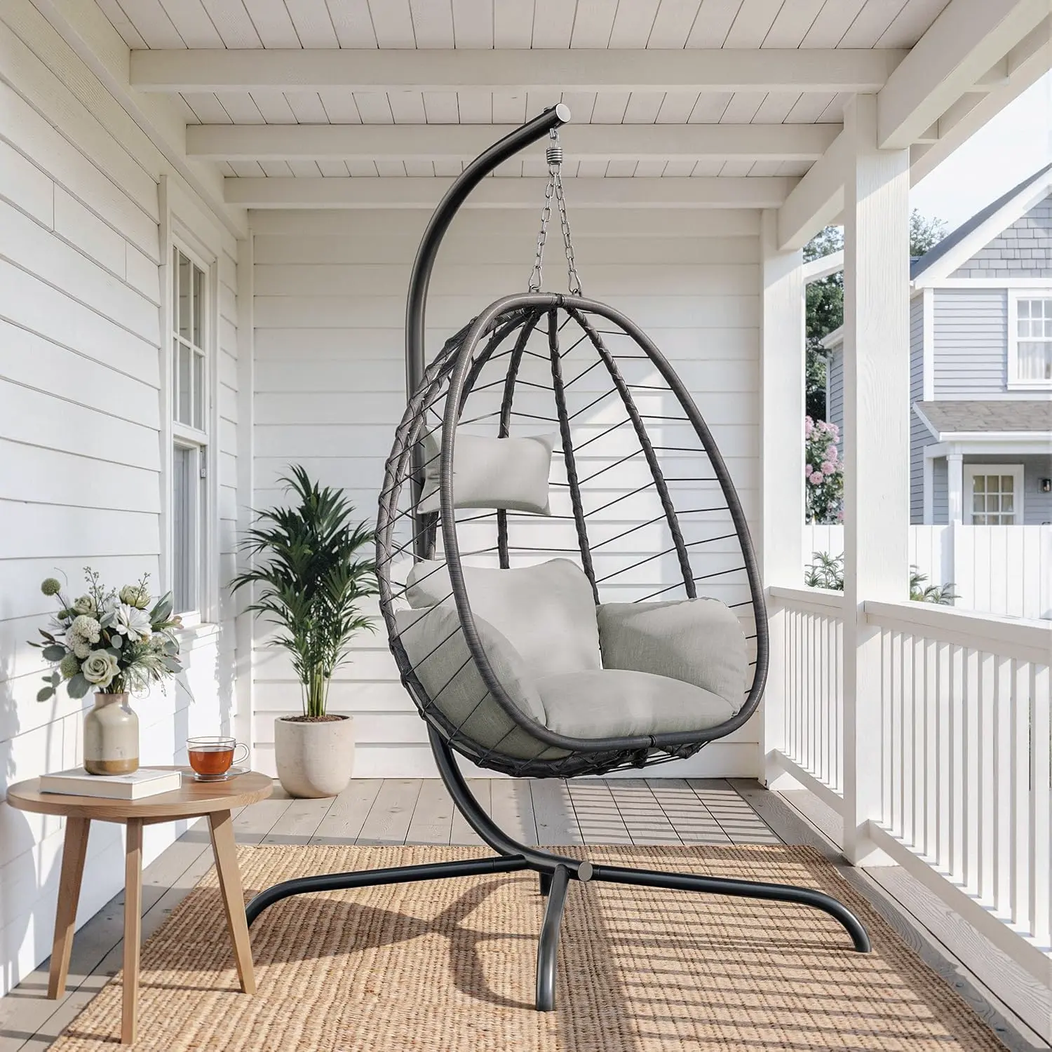 Scaun tip ou pliabil SOLARA din ratan cu suport, balansoar suspendat, imagine 2