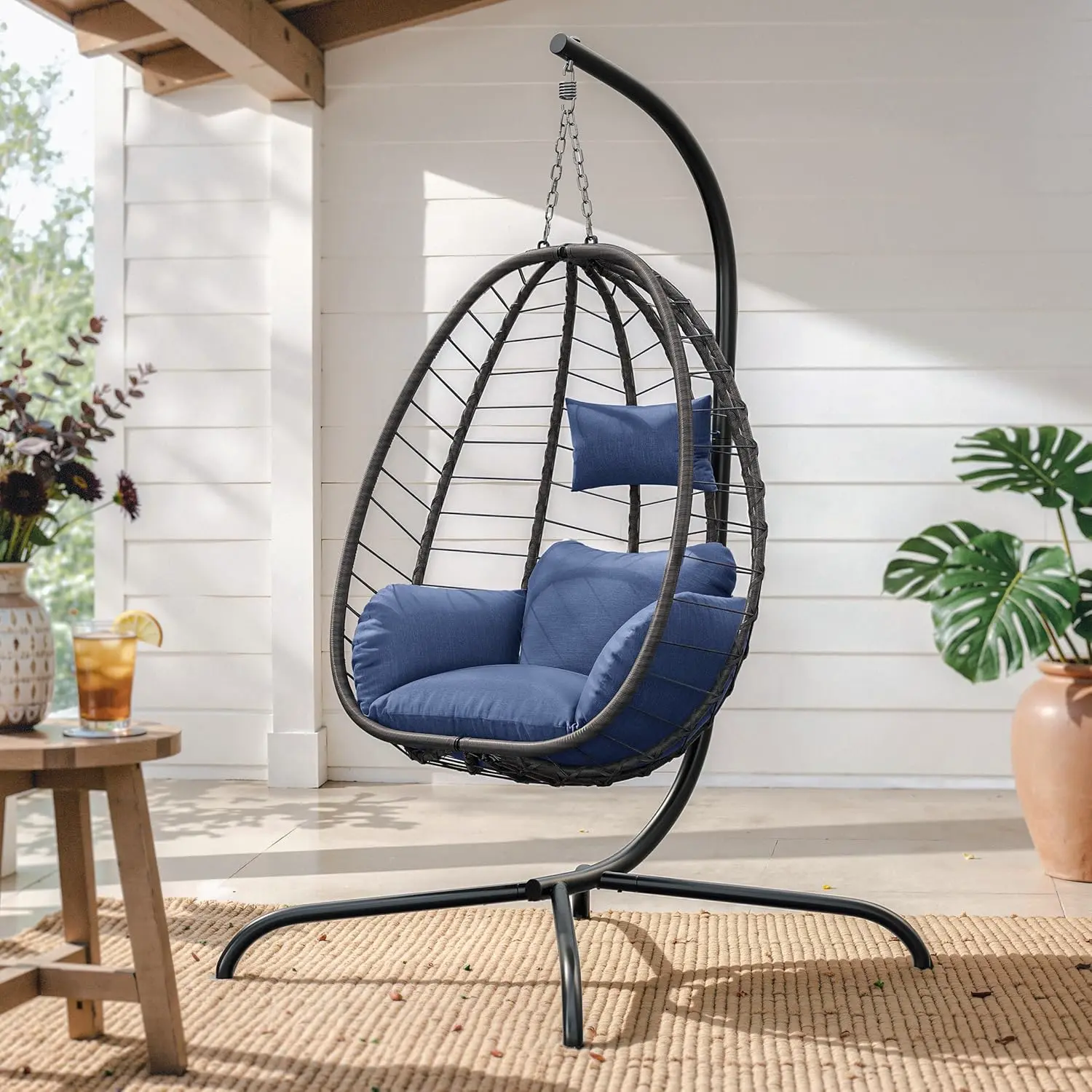 Scaun tip ou pliabil SOLARA din ratan cu suport, balansoar suspendat, imagine 3