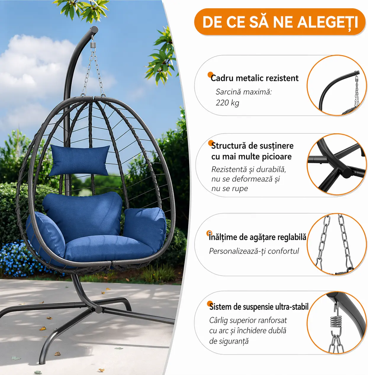 Scaun tip ou pliabil SOLARA din ratan cu suport, balansoar suspendat, imagine 4